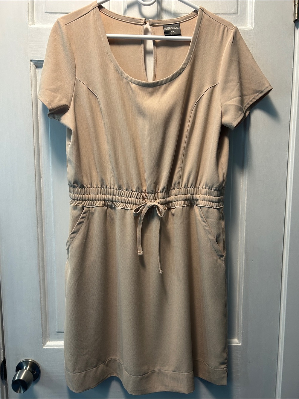 Beige Short Sleeve Drawstring Mini Dress